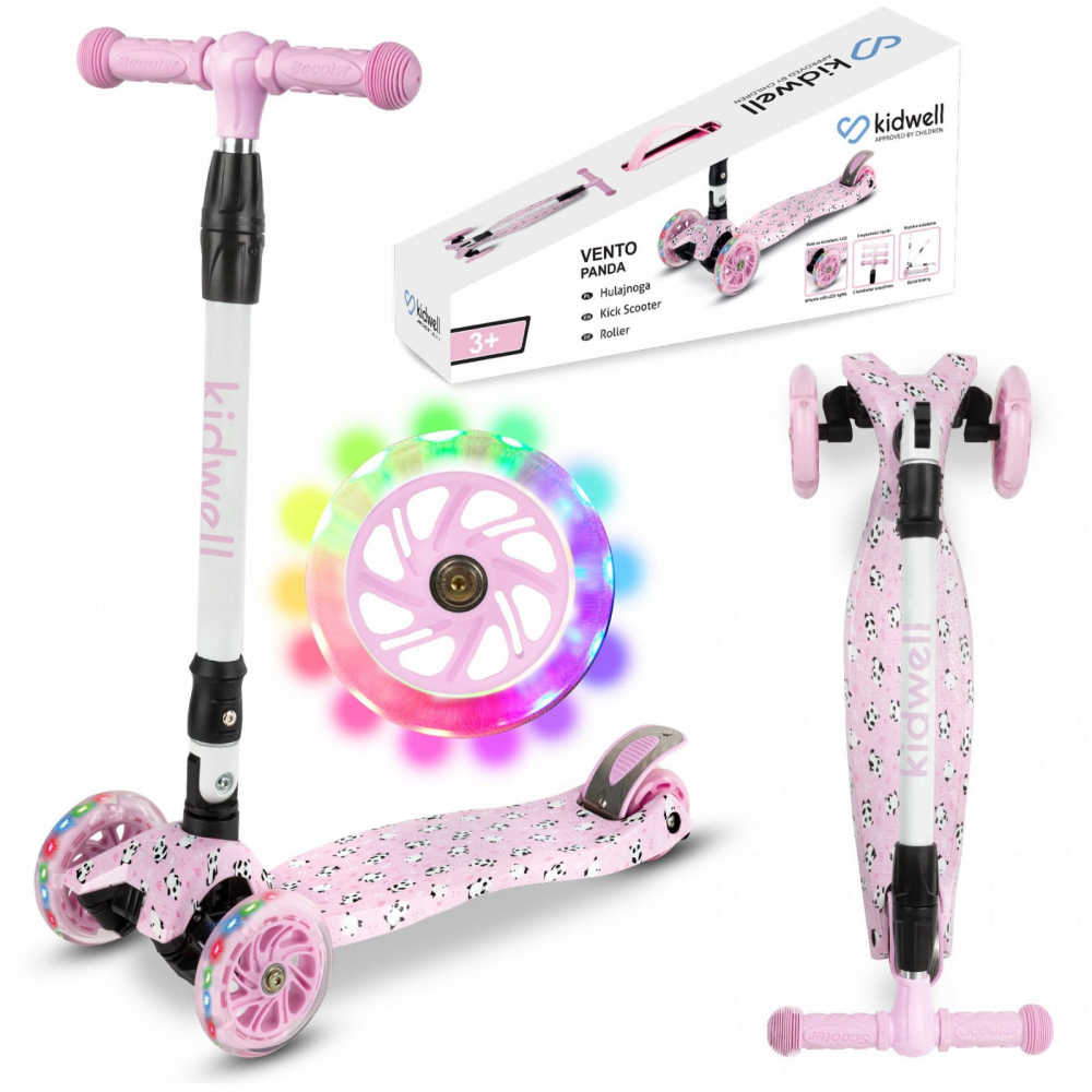 Trotineta pentru copii Kidwell Vento Panda pliabila, cu suspensie, roti cu led, ghidon din aluminiu reglabil, greutate admisa 50 kg, varsta 3 ani+