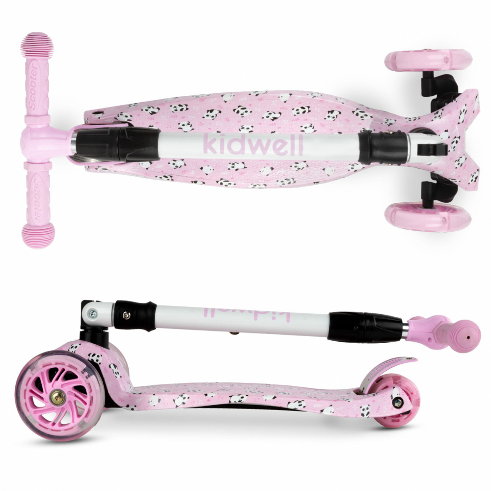 Trotineta pentru copii Kidwell Vento Panda pliabila, cu suspensie, roti cu led, ghidon din aluminiu reglabil, greutate admisa 50 kg, varsta 3 ani+