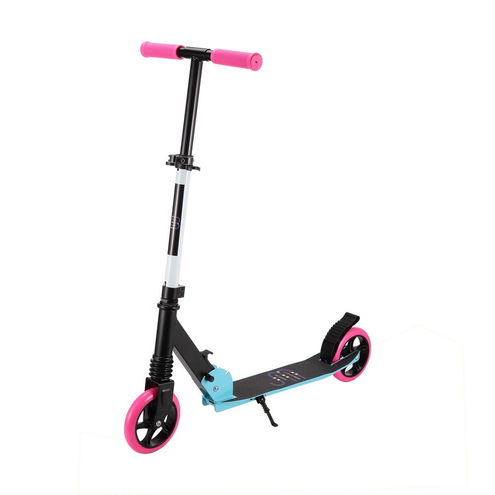 Trotineta copii si adolescenti Novokids Cool Girl Roz cu Turcoaz, maxim 100 kg, functie Super Brake, suspensie fata, diametru roata 200 mm