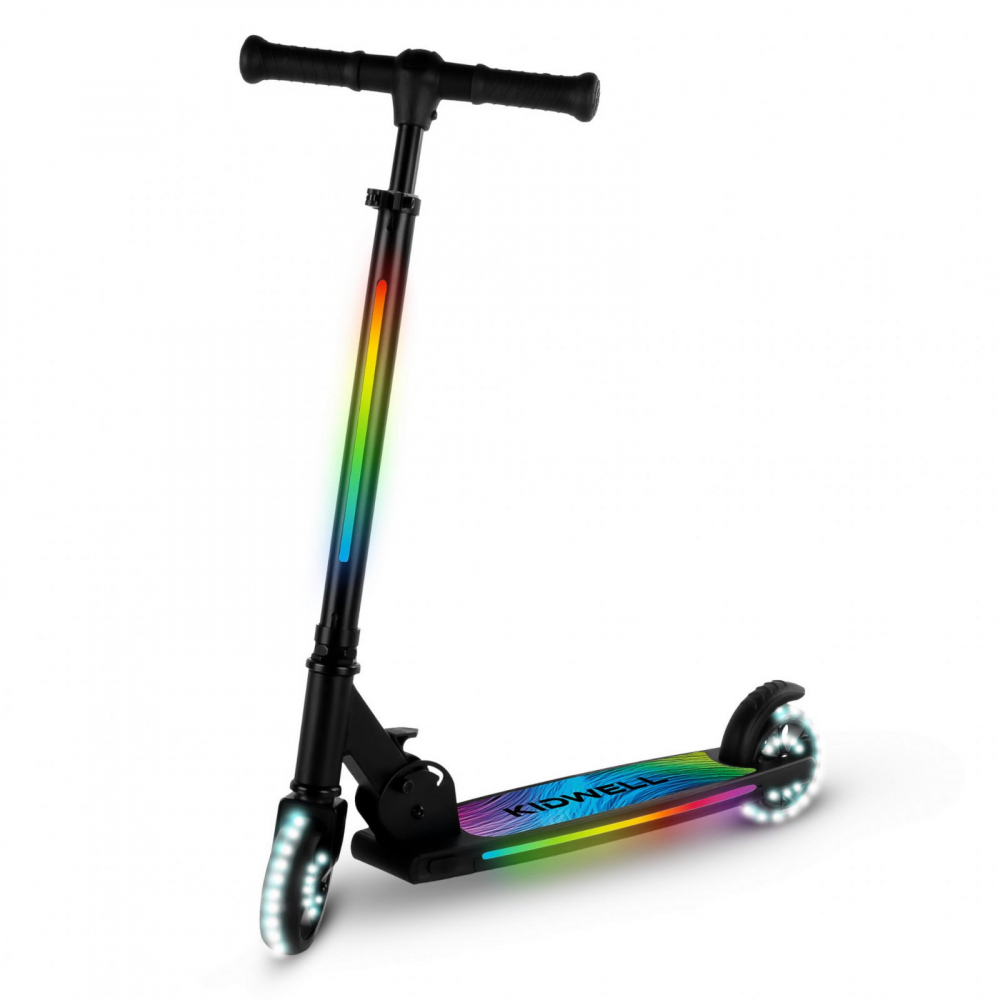 Trotineta pentru copii Kidwell Mido Black 3 in 1, pliabila, reglabila, cu 2 roti, cu iluminare LED incorporata, 5 ani+, pana la 100 kg
