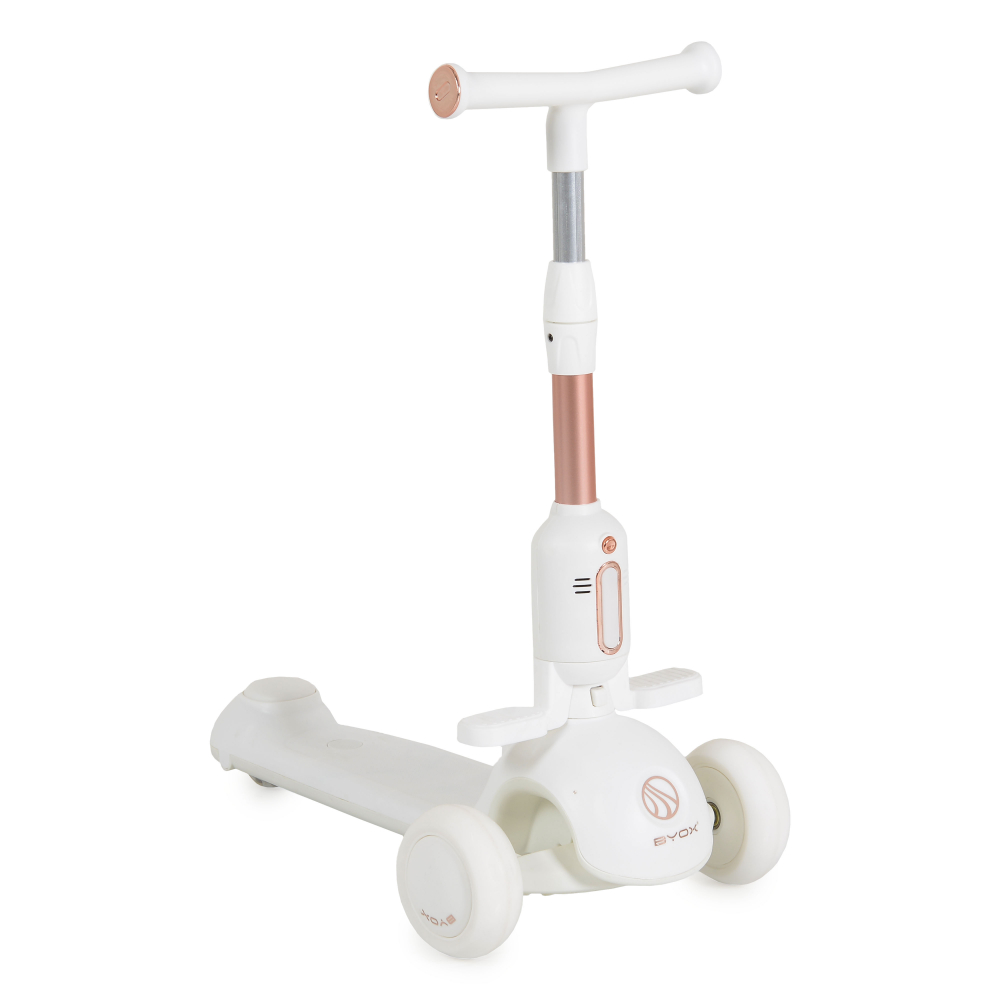 Trotineta pentru copii Byox Velvet Royal White 2in1 cu scaunel detasabil,Suport picioare incorporat,Roti din PU,Ghidon cu inaltime reglabila,Efecte muzicale si luminoase,Frana pe roata din spate,Recomandata de la 3 ani