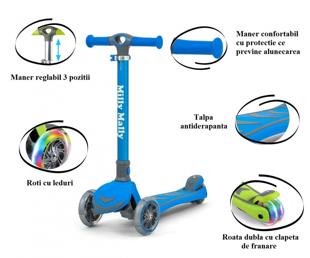 Trotineta pliabila Milly Mally Boogie Blue, roti din silicon cu Led, platforma antiderapanta, greutate admisa 50 kg