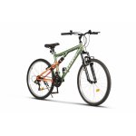 Bicicleta MTB-FS Velors Thunder V26205B Verde/Portocaliu, roti 26 inch, schimbator spate Sunrun 7 viteze, Manete schimbator Rotative 21 viteze, cadru full-suspension otel, frane V-Brake