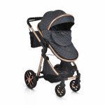 Carucior 2in1 transformabil Moni Alma Black cu Sezut reversibil,Cadru din aluminiu,Roti EVA rezistente cu suspensii, Frana,Capotina cu vizier, Spatar reglabil, Centura de siguranta,Cos de cumparaturi, Husa picioare si Geanta