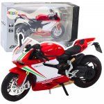 Motocicleta metalica pentru copii, cu efecte sonore si luminoase, cu volan, suspensii, scala 1:12, dimensiune 17 x 6.3 x 9.3 cm, Red / White