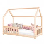Pat copii montessori tip casuta, LittleAmy, Angel Nest, Balustrade cu bare plate, Natur, 140 x 200 cm