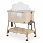 Patut Co-Sleeper Cangaroo Amo Beige 91x49x89 cm cu laterala culisanta,Fixare langa patul parinteluI,Inaltime reglabila in 7 pozitii,Roti cu blocare,Raft pentru accesorii,Pozitie antireflux,Saltea si plasa insecte inclusa