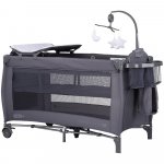 Patut pliabil Chipolino Bella Anthracite cu doua nivele, intrare laterala cu fermoar, 2 roti cu frane, saltea de infasat, carusel muzical, geanta pentru transport, buzunar si organizator accesorii