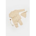 Set 3 piese bluza, pantaloni si caciulita Printed, BabyCosy, 50% modal + 50% bumbac organic, Stone, marime 9-12 luni