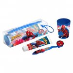 Set ingrijire dentara pentru copii, pahar, pasta de dinti, periuta si etui Spiderman