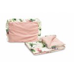 Set pernuta cu volanas si pilota pentru carucior/landou/patut copii Sensillo Magnolia Pink cu doua fete bumbac/catifea,  Umplutura silicon lyocell antialergic, Recomandat de la nastere