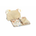 Set pernuta si pilota pentru carucior/landou/patut copii Sensillo Teddy Square Beige cu doua fete bumbac/catifea, Umplutura silicon lyocell antialergic, Perna cu urechiuse, Recomandat de la nastere