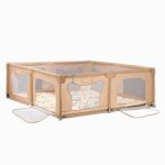 Tarc de joaca pentru copii, Nichiduta, dimensiune 180 x 200 x 68 cm, cadru metalic si pereti din plasa, acces cu fermoar, cu 4 inele ajutatoare, covoras din spuma cu doua fete si 100 de bile incluse, Beige