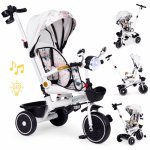 Tricicleta pentru copii Ecotoys Alb multifunctionala, scaun rotativ 360, roti din spuma EVA, suport pliabil pentru picioare, bariera de siguranta, maner pentru controlul directiei