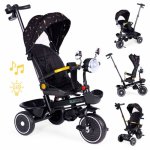 Tricicleta pentru copii Ecotoys Negru multifunctionala, scaun rotativ 360, roti din spuma EVA, suport pliabil pentru picioare, bariera de siguranta, maner pentru controlul directiei