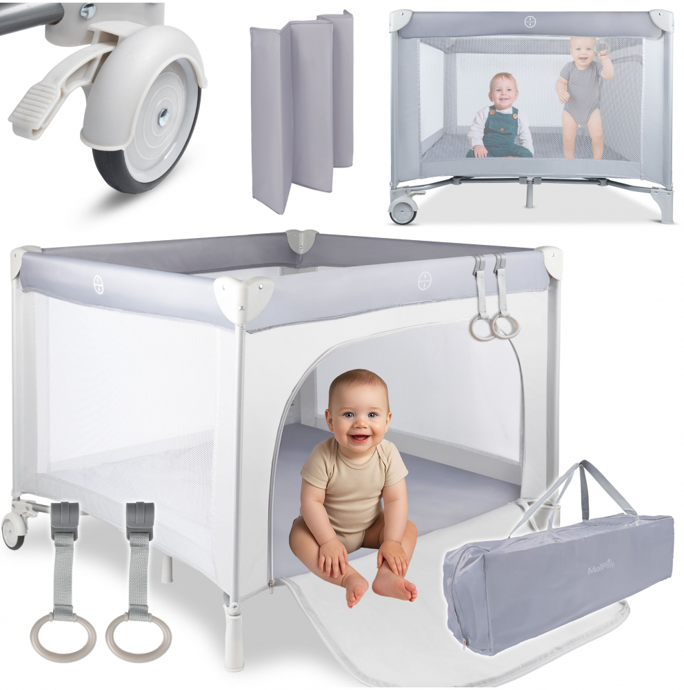Tarc de calatorie pentru copii Malplay, 2 in 1, intrare cu fermoar, roti cu frana, cu 3 pereti din plasa, pliabil cu saltea si geanta de transport incluse, dimensiune 100 x 100 cm, Grey