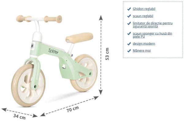 Bicicleta de tranzitie pentru copii Lorelli Spider Mint fara pedale, ghidon reglabil, sezut ajustabil, limitator de directie, cadru din aluminiu, roti 10 inch, greutate admisa 20 kg - 1