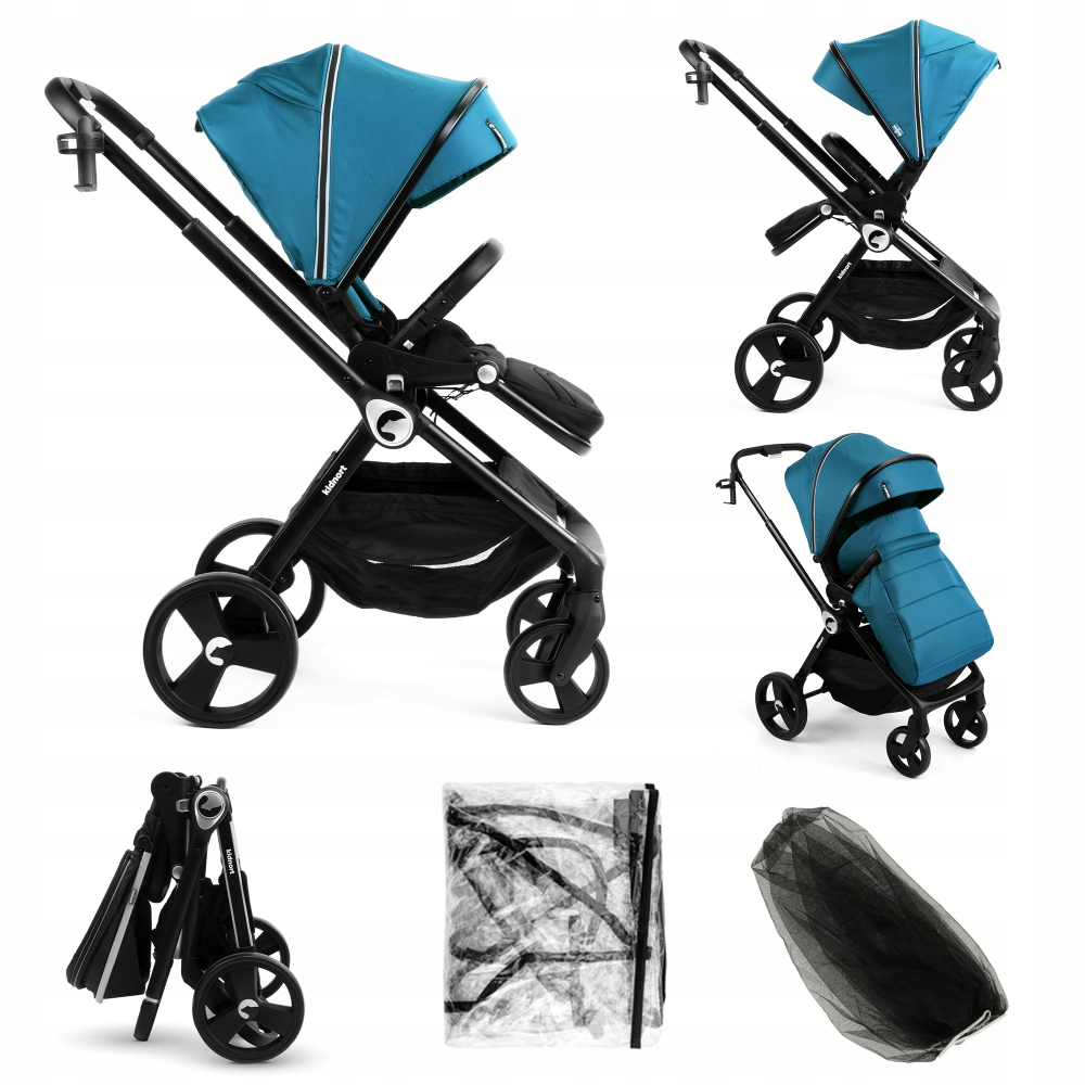 Carucior reversibil pentru copii, cu pliere compacta spatar si viziera reglabile, Kidnort Isbjorn Blue pana la 22 kg, roti cu suspensii, accesorii incluse, suport pentru pahar