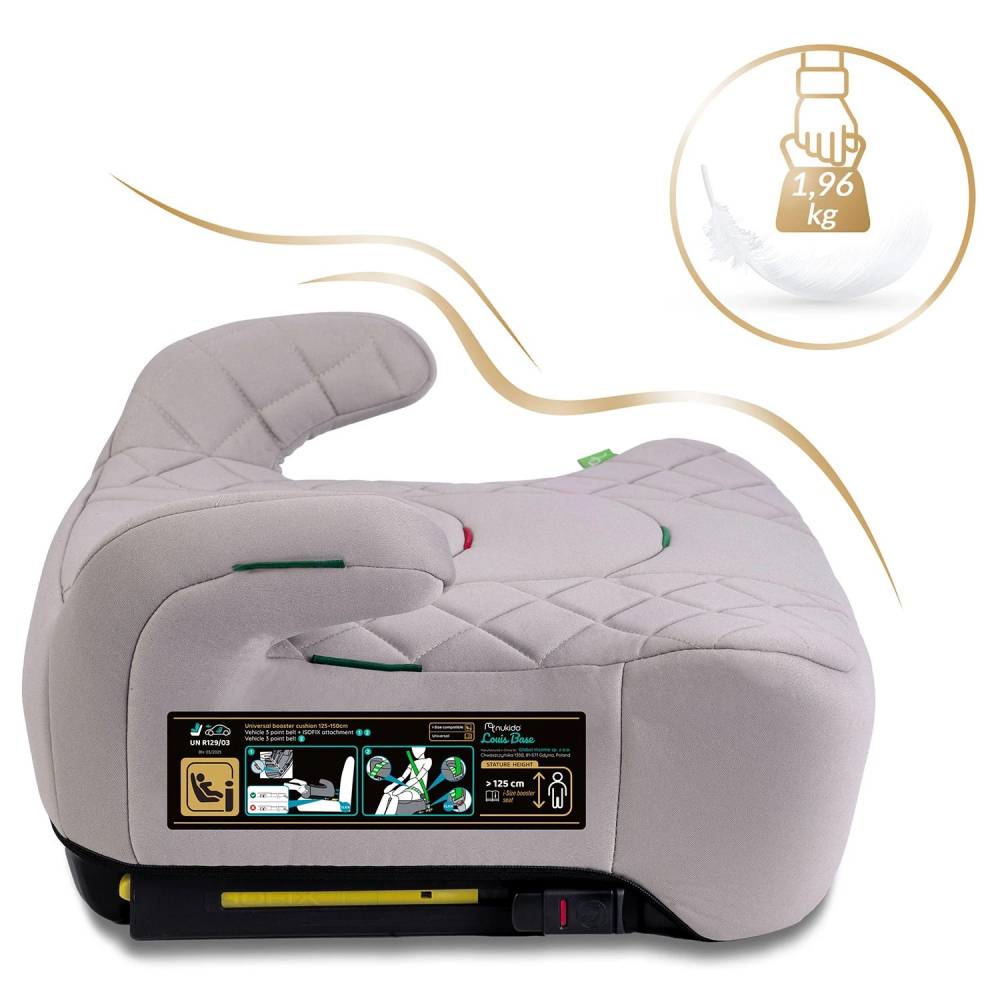 Inaltator auto copii Nukido Louis Bej 125-150 cm cu fixare isofix,conectori telescopici cu sistem vizual fixare corecta,tapiterie de calitate superioara,husa detasabila si lavabila,cotiere,dimensiune 32x37x22 cm - 1