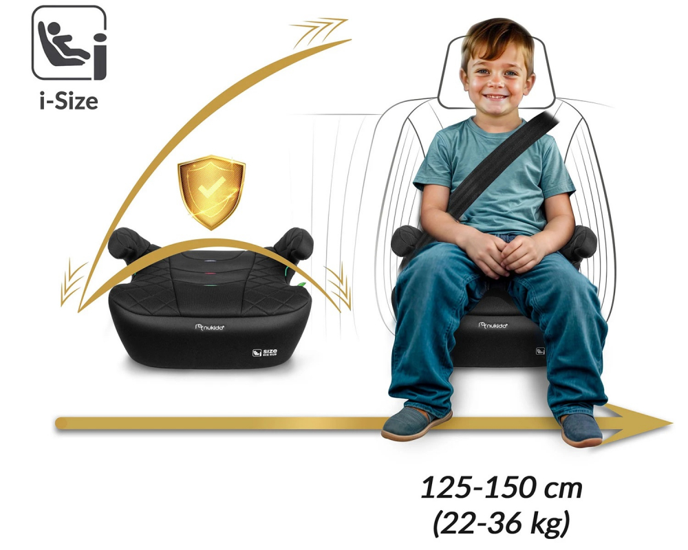 Inaltator auto copii Nukido Louis Negru 125-150 cm cu fixare isofix,conectori telescopici cu sistem vizual fixare corecta,tapiterie de calitate superioara,husa detasabila si lavabila,cotiere,dimensiune 32x37x22 cm