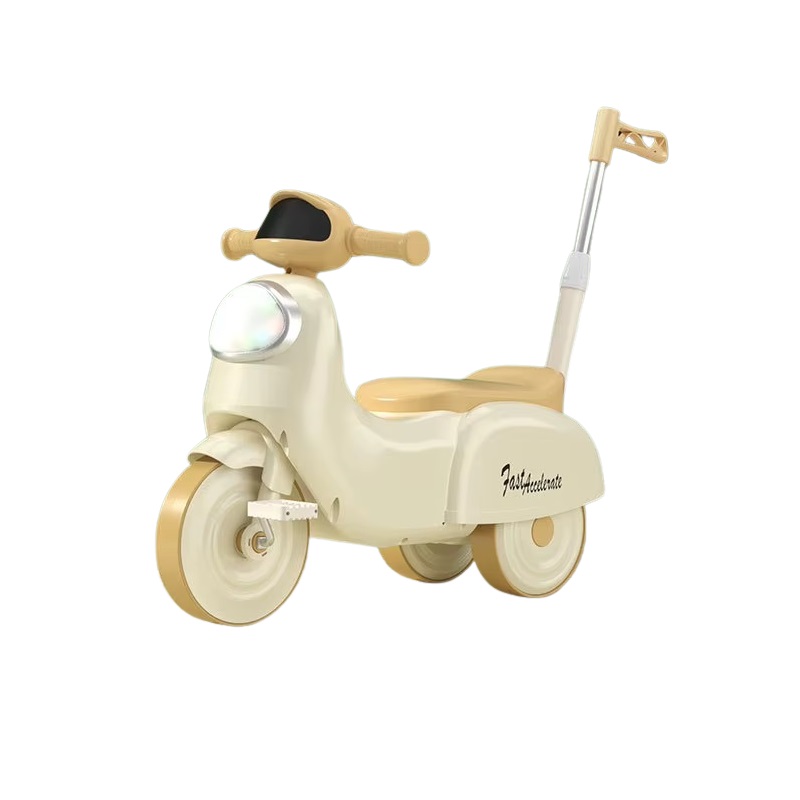 Motocicleta cu pedale pentru copii Nichiduta 3in1 Fast Beige cu maner parental detasabil,far cu lumina LED,muzica,spatiu de depozitare,structura stabila,sistem antirasturnare,roti rezistente,unghi de viraj limitat