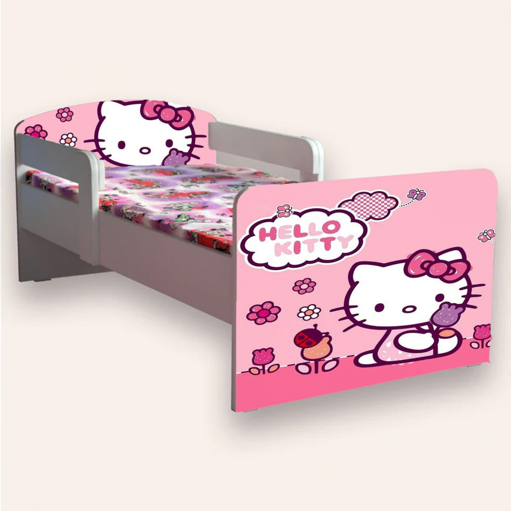 Pat pentru copii Hello Kitty, cu manere si saltea, 2-12 ani, 160x80 cm - 1