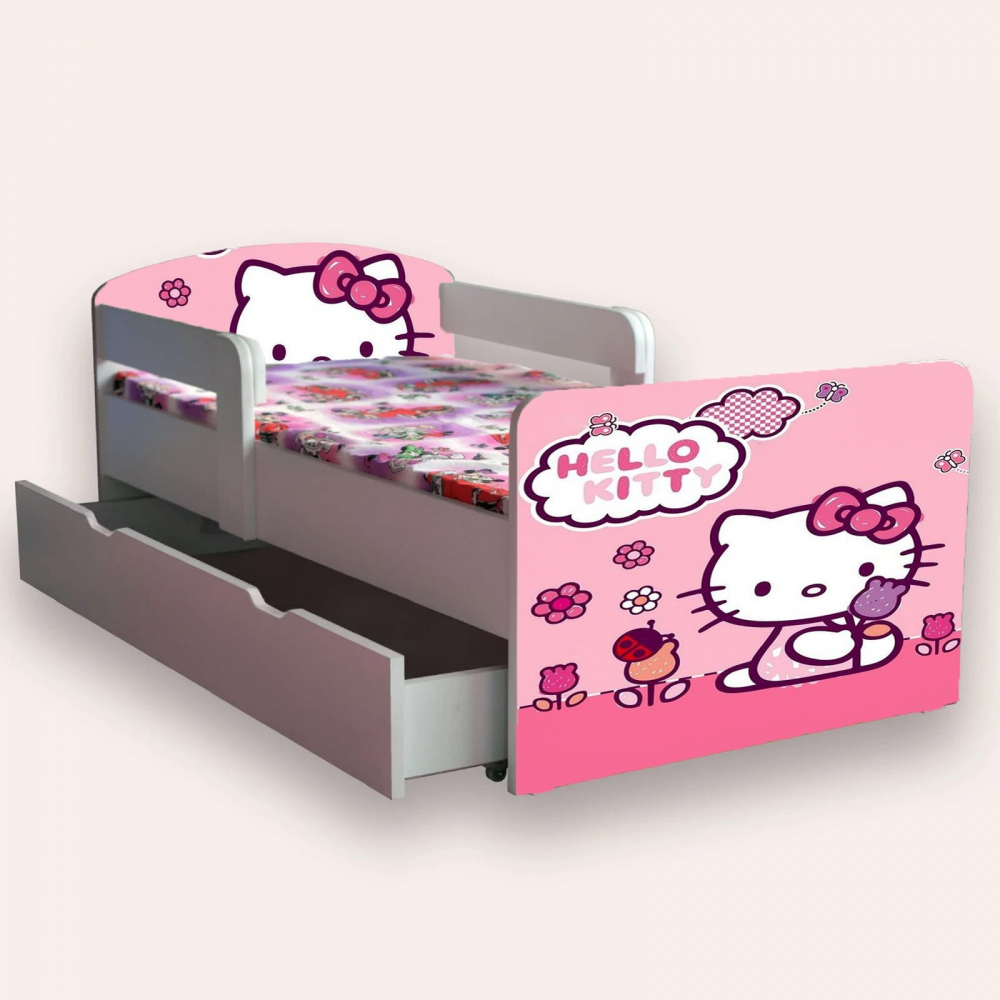 Pat pentru copii Hello Kitty, cu manere, sertar si saltea, 2-12 ani, 160x80 cm - 1