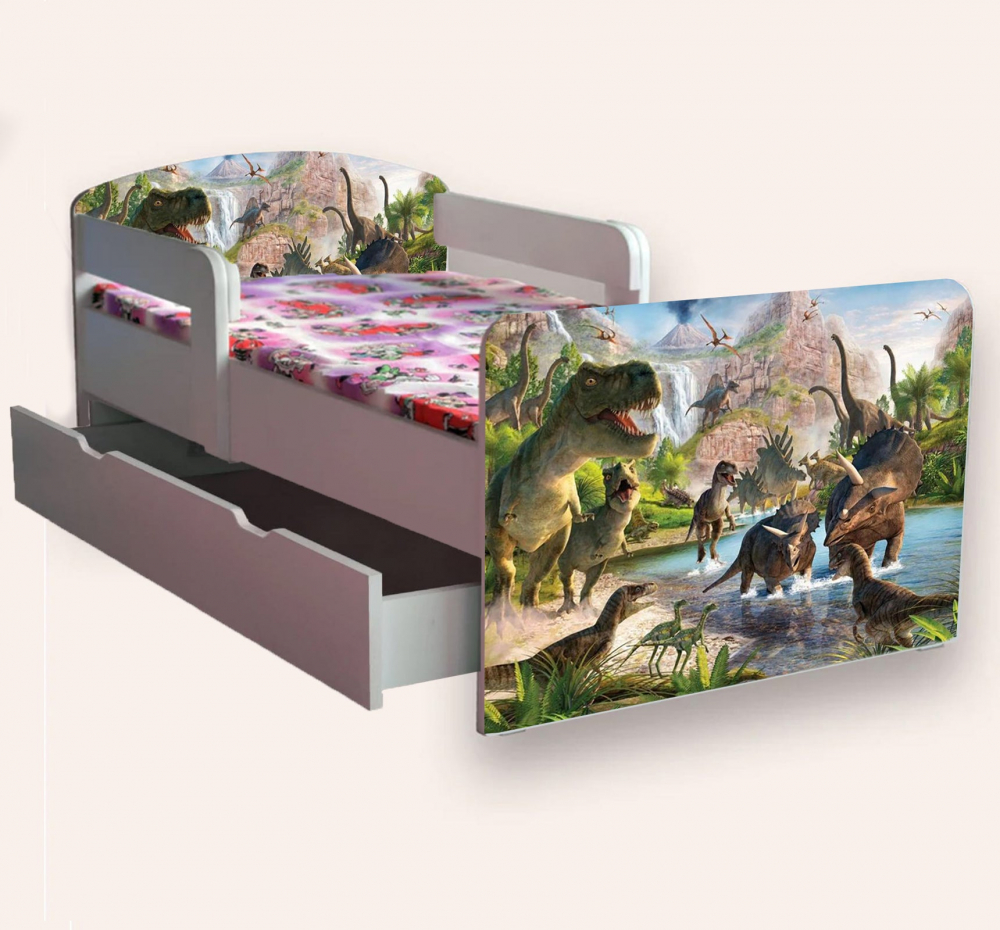 Pat pentru copii Jurassic Park, cu manere si sertar, 2-6 ani, 130x60 cm - 1
