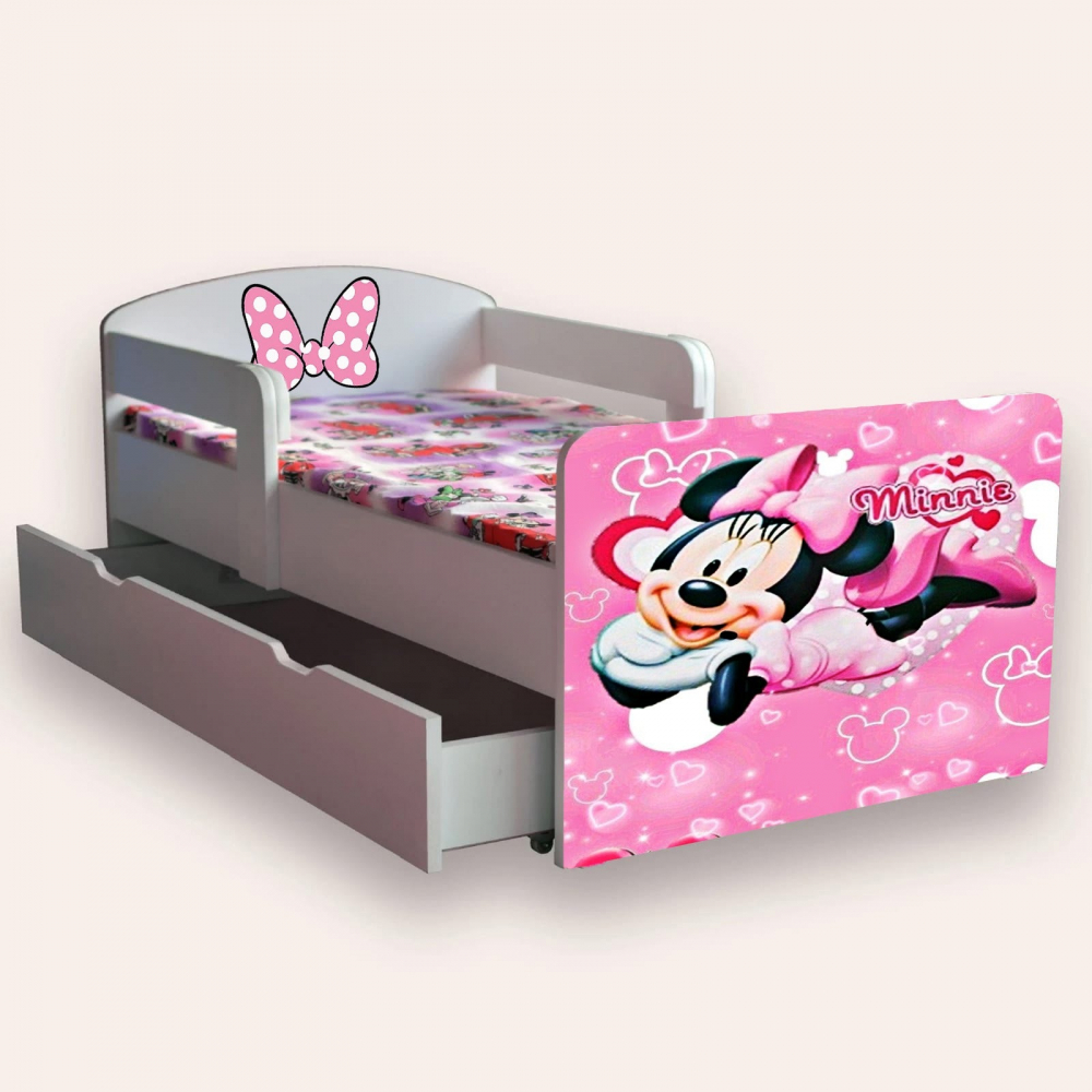 Pat pentru copii Minnie Mouse, cu manere, sertar si saltea, 2-6 ani, 130x60 cm - 1