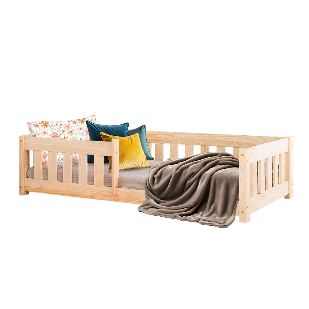 Pat pentru copii Montessori cu balustrada, Little Amy, Charlie, balustrade cu bare plate, Natur, 100 x 180 cm - 3