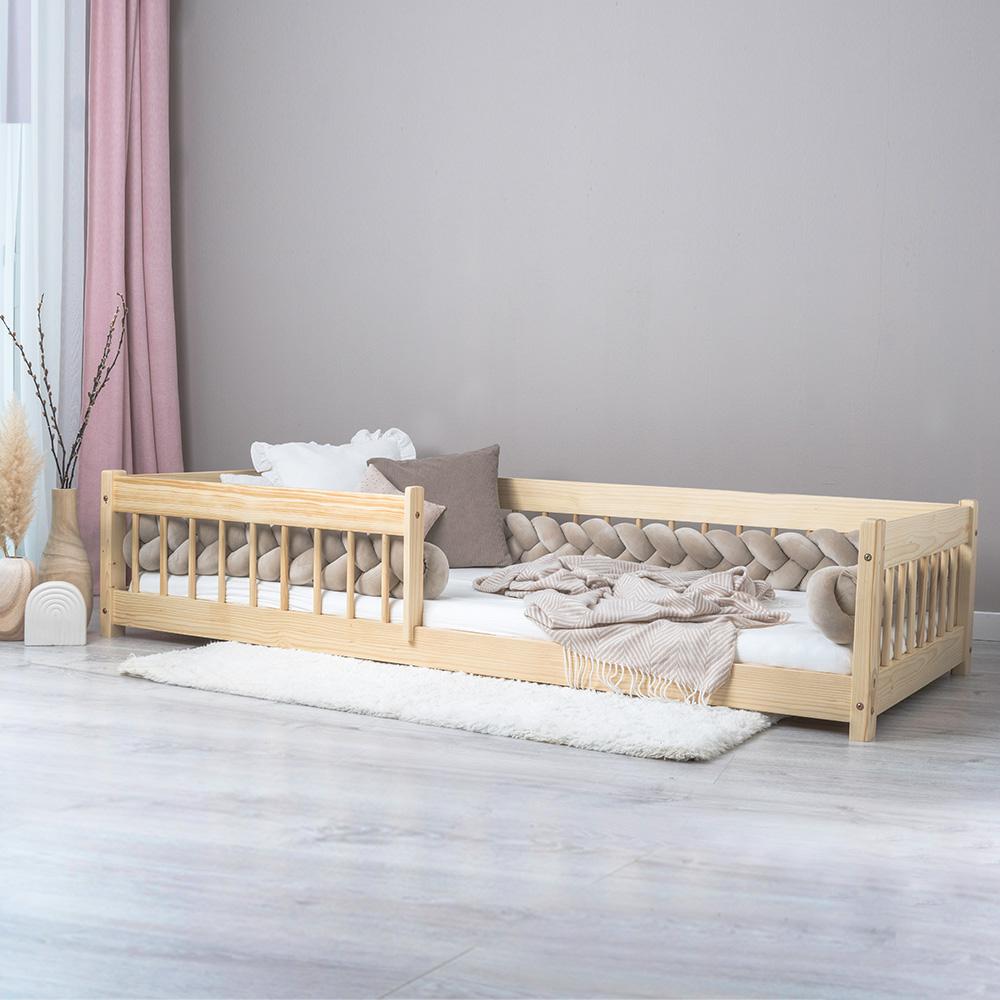 Pat pentru copii Montessori cu balustrada, Little Amy, Charlie, balustrade cu bare rotunde, Natur, 90 x 180 cm - 3