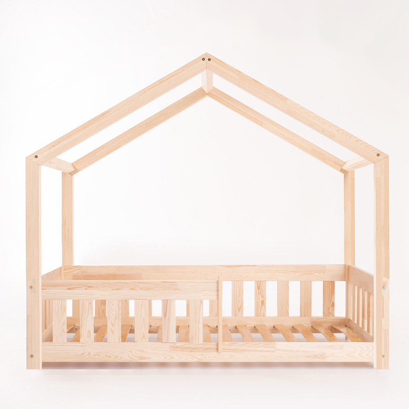 Pat pentru copii Montessori tip casuta, LittleAmy, Cozi Cottage, balustrade cu bare plate, Natur, 100 x 180 cm - 3
