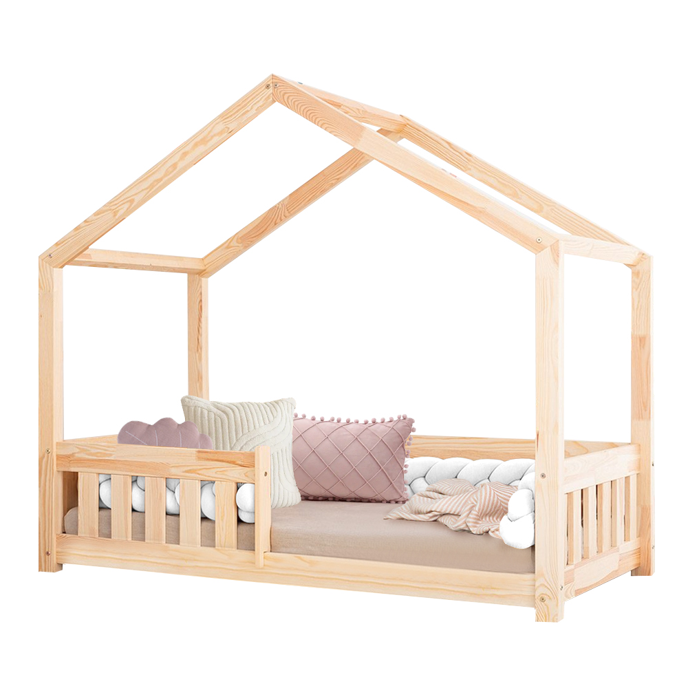 Pat pentru copii Montessori tip casuta, LittleAmy, Cozi Cottage, balustrade cu bare plate, Natur, 120 x 200 cm - 4