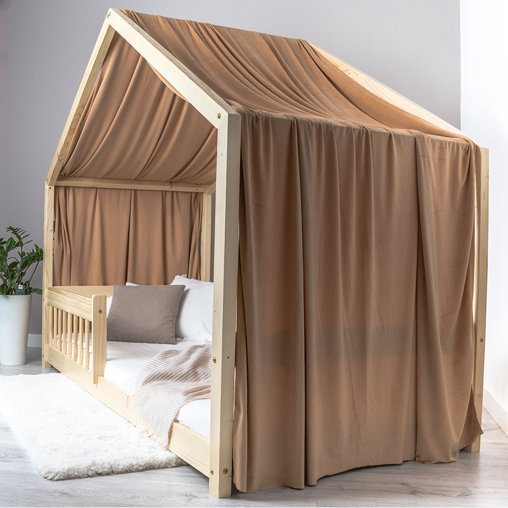 Pat pentru copii Montessori tip casuta, LittleAmy, Cozi Cottage, balustrade cu bare rotunde, Natur, 100x180 cm