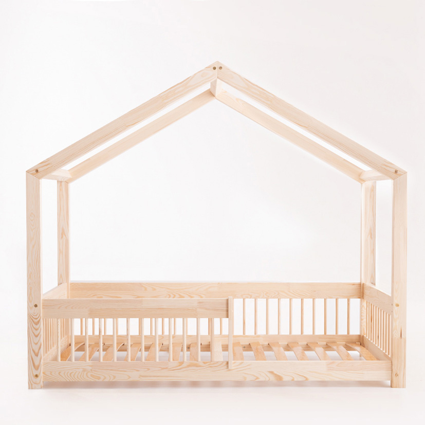 Pat pentru copii Montessori tip casuta, LittleAmy, Cozi Cottage, balustrade cu bare rotunde, Natur, 90 x 200 cm - 2