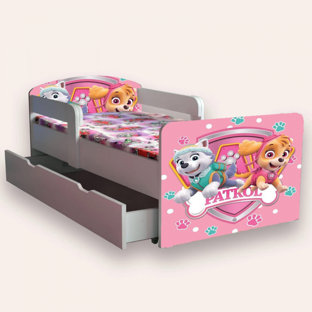 Pat pentru copii Paw Patrol fete, cu manere, sertar si saltea, 2-6 ani, 130x60 cm - 1