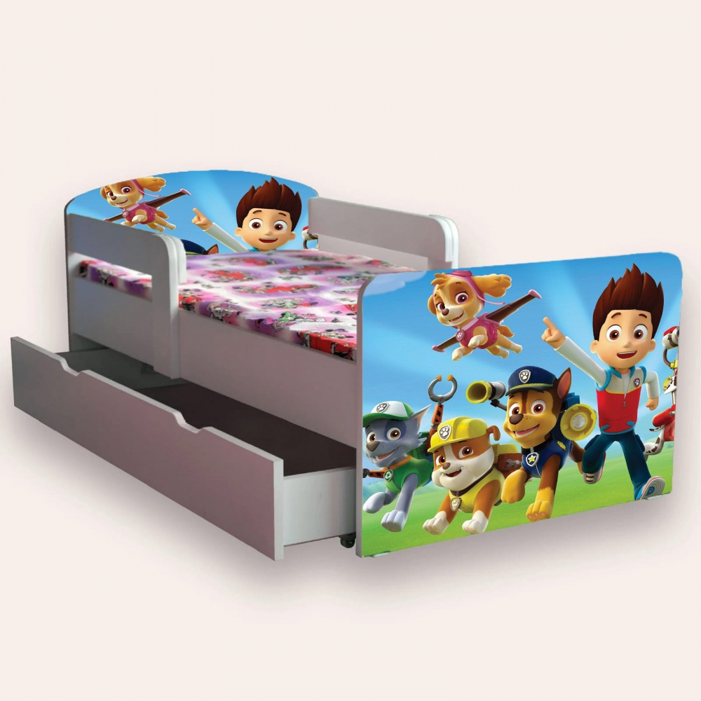 Pat pentru copii Paw Patrol, cu manere si sertar, 2-6 ani, 130x60 cm - 1