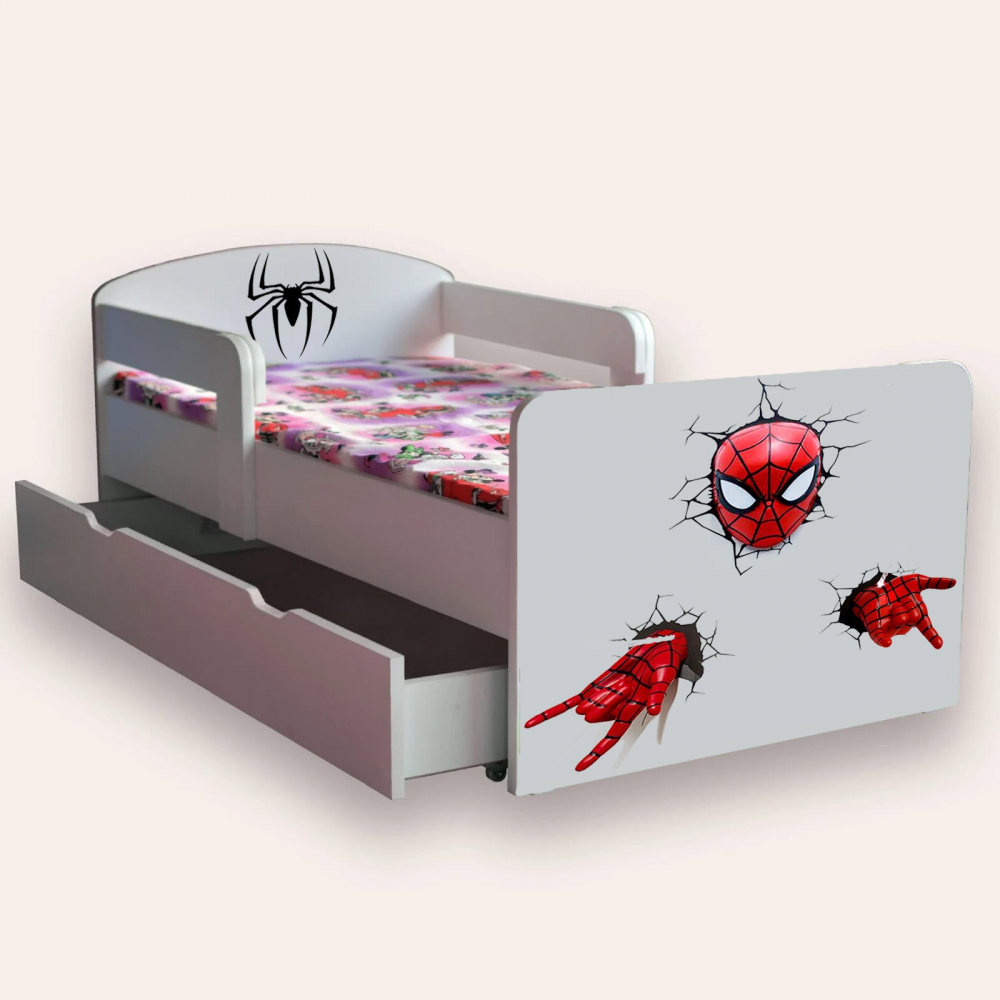 Pat pentru copii Spider Man, cu manere, sertar si saltea, 2-6 ani, 130x60 cm - 1