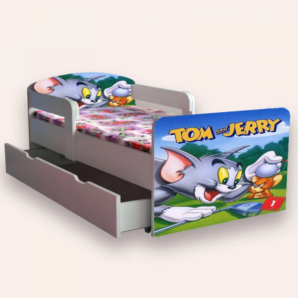 Pat pentru copii Tom si Jerry, cu manere si sertar, 2-6 ani, 130x60 cm - 1