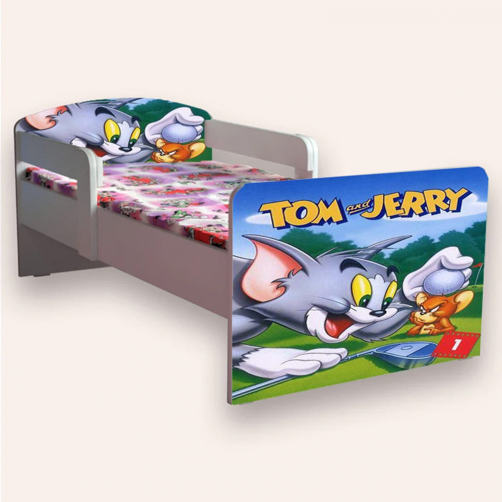 Pat pentru copii Tom si Jerry, cu manere si saltea, 2-6 ani, 130x60 cm - 1