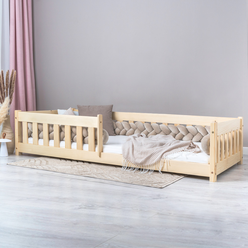 Pat pentru copii Montessori cu balustrada, Little Amy, Charlie, balustrade cu bare plate, Natur, 100 x 180 cm - 1