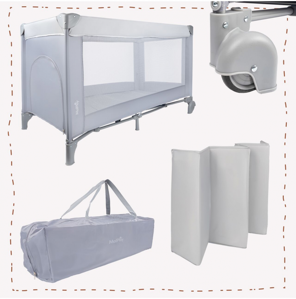 Patut pliabil de calatorie pentru copii Malplay Luno Grey, multifunctional 2 in 1, intrare laterala cu fermoar, saltea si geanta de transport incluse, dimensiune 60 x 120 cm - 2