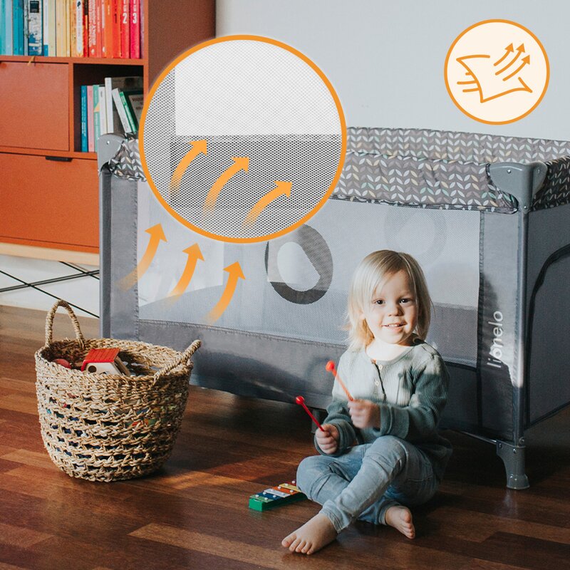 Patut pliabil Lionelo Stefi Negru, cu un nivel, intrare laterala cu fermoar, 2 roti, 120x60 cm, conform cu standardul european de securitate EN 716 - 4