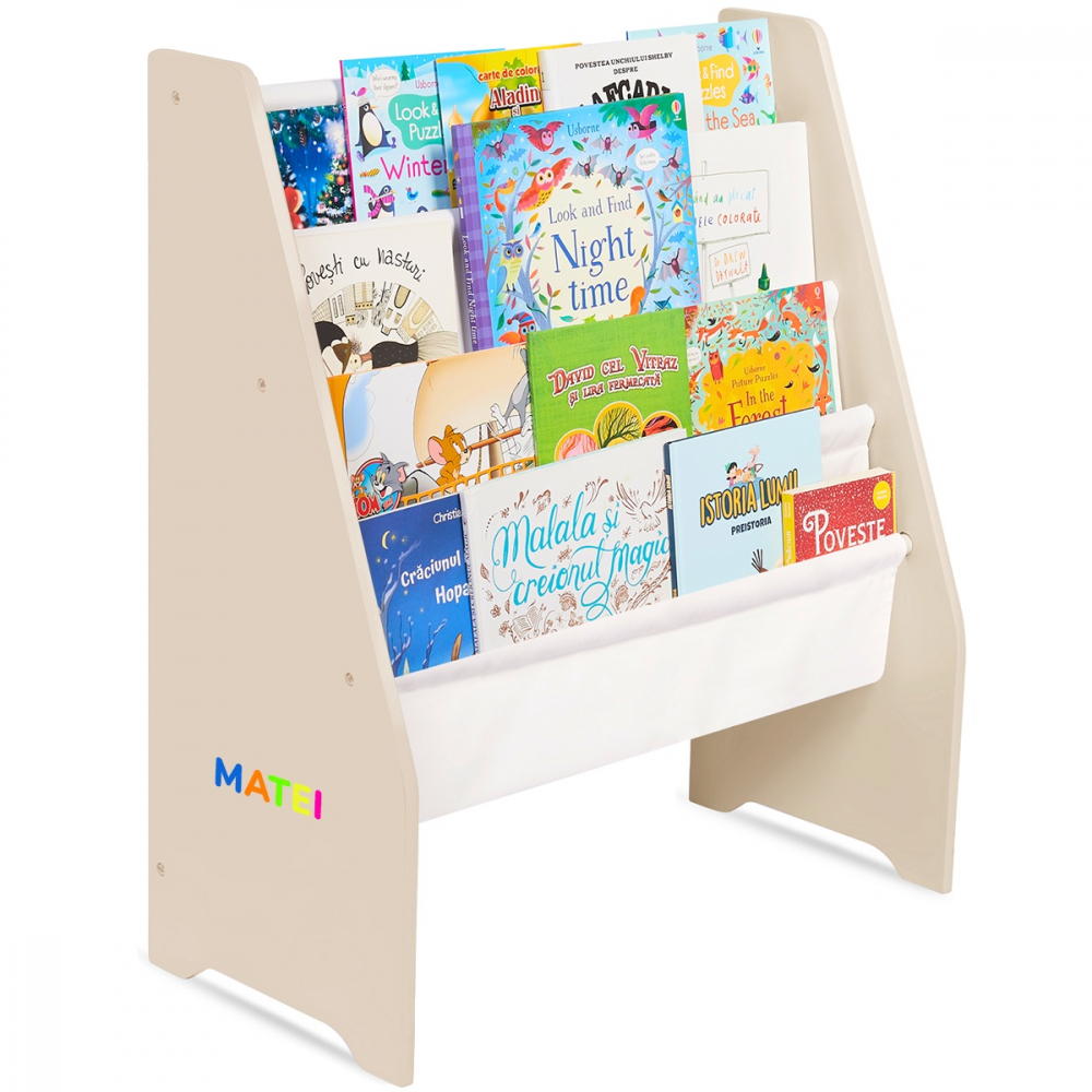 Raft de carti pentru copii Suporto Crem din lemn MDF, organizator cu etajere din textil pentru depozitare jucarii, carti si caiete, 71.5 x 62 x 30 cm
