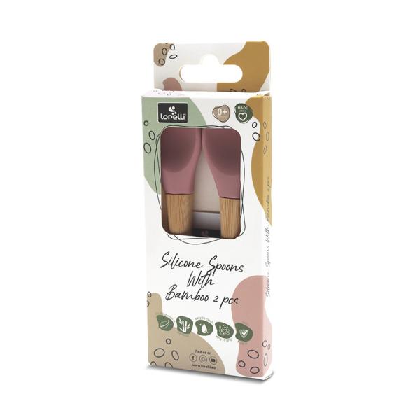 Set 2 lingurite din silicon si bambus forma ergonomica Pink - 1 | YEO
