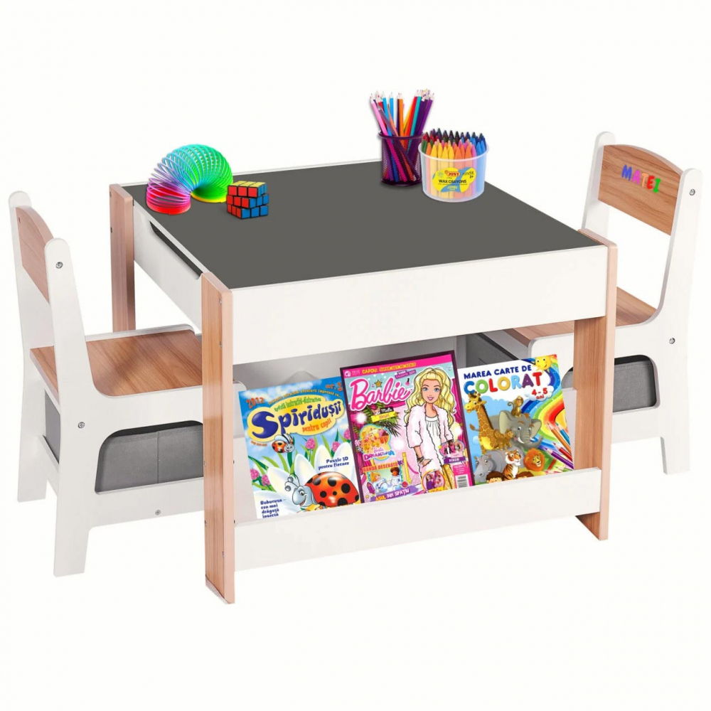 Set masuta cu 2 scaune pentru copii Suporto Alb Maro 3-6 ani, cu rafturi pentru carti, sertare depozitare, organizator jucarii, tabla de scris, desenat, studiat, din MDF