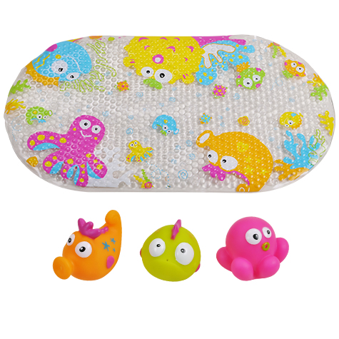 Set de baie Knorr Toys 4 piese, include covoras de baie din PVC 69x39 cm si 3 jucarii lumea subacvatica 6 luni+