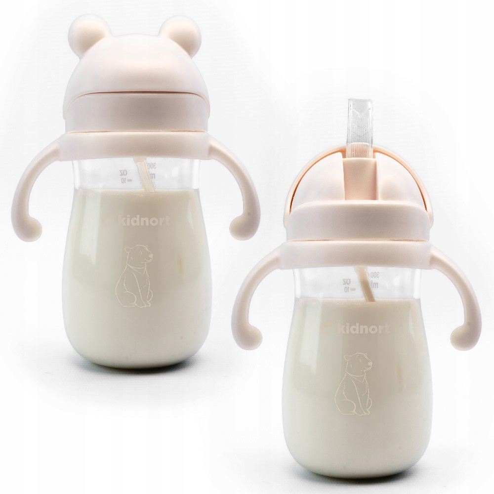 Sticluta de apa din tritan pentru copii, Kindnort Bringebaer, sterilizabila, pai moale din silicon cu biluta gravitationala, maner ergonomic, capacitate 300 ml, Pink