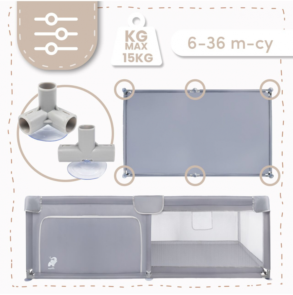 Tarc de joaca pentru copii MalPlay Kivo Grey, design modern si sigur, acces mare cu fermoar actionat din exterior, dimensiune 120 x 180 cm, cu buzunar din plasa - 2