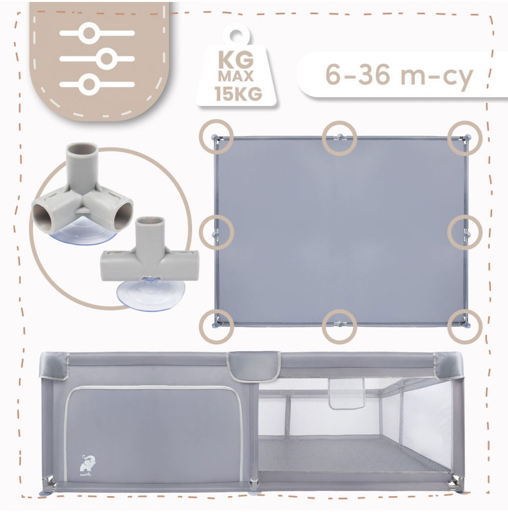 Tarc de joaca pentru copii, MalPlay Kivo Grey, design modern si sigur, acces mare cu fermoar actionat din exterior, dimensiune 180 x 200 cm, cu buzunar din plasa - 1